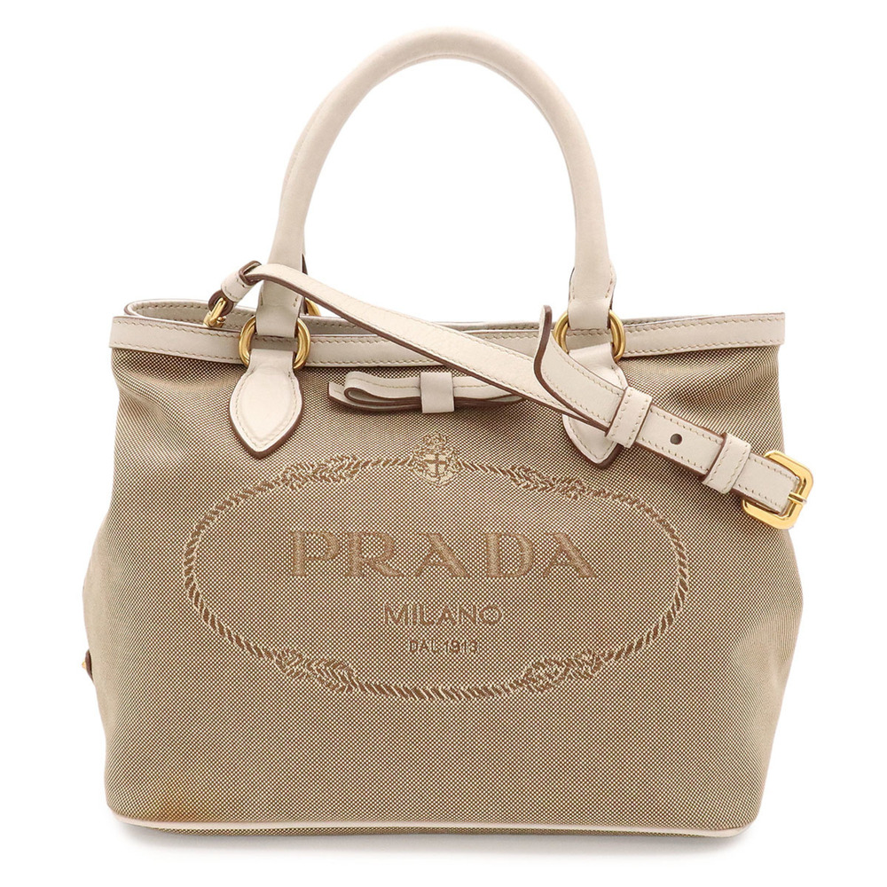 PRADA Jacquard Ribbon Tote Bag, Handbag, Shoulder CORDA, Beige, TALCO, Ivory,...